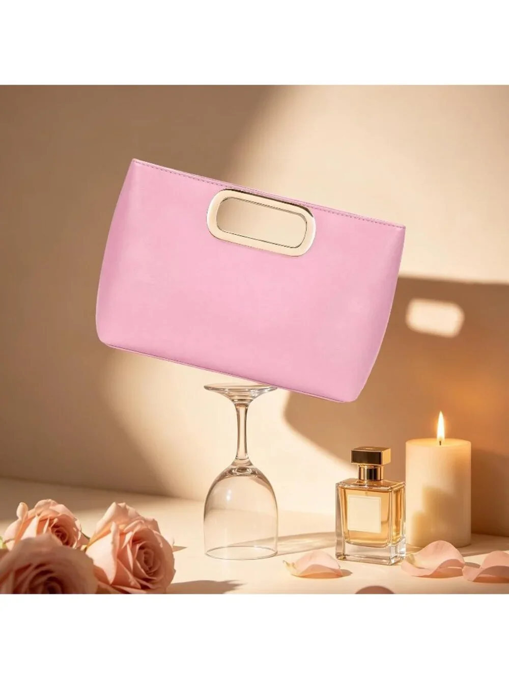 Womens Pink Clutch Handbag Modern Faux Leather with Metal Handle Evening Bag